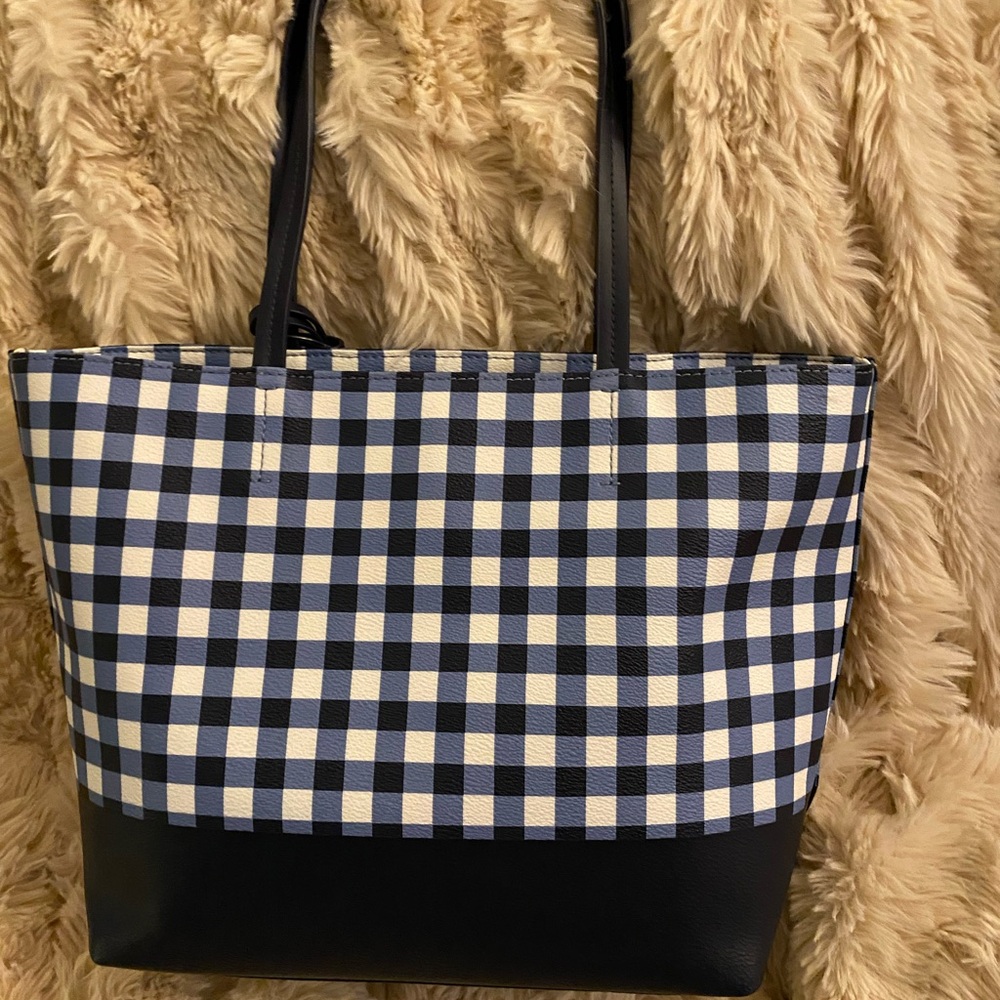 Kate Spade Navy and White Buffalo Check Tote Bag with Structured Design - Picture 3 of 11